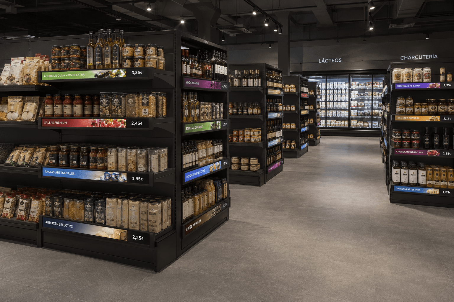 Estantería de tienda repleta de snacks y producto envasado en colores vibrantes