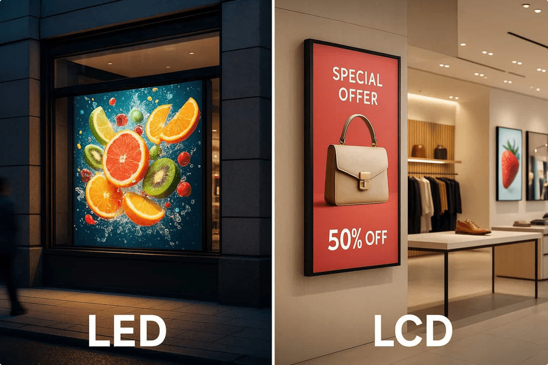 Comparativa LED frente a LCD: pantalla LED exterior nocturna a la izquierda y pantalla LCD interior con oferta a la derecha