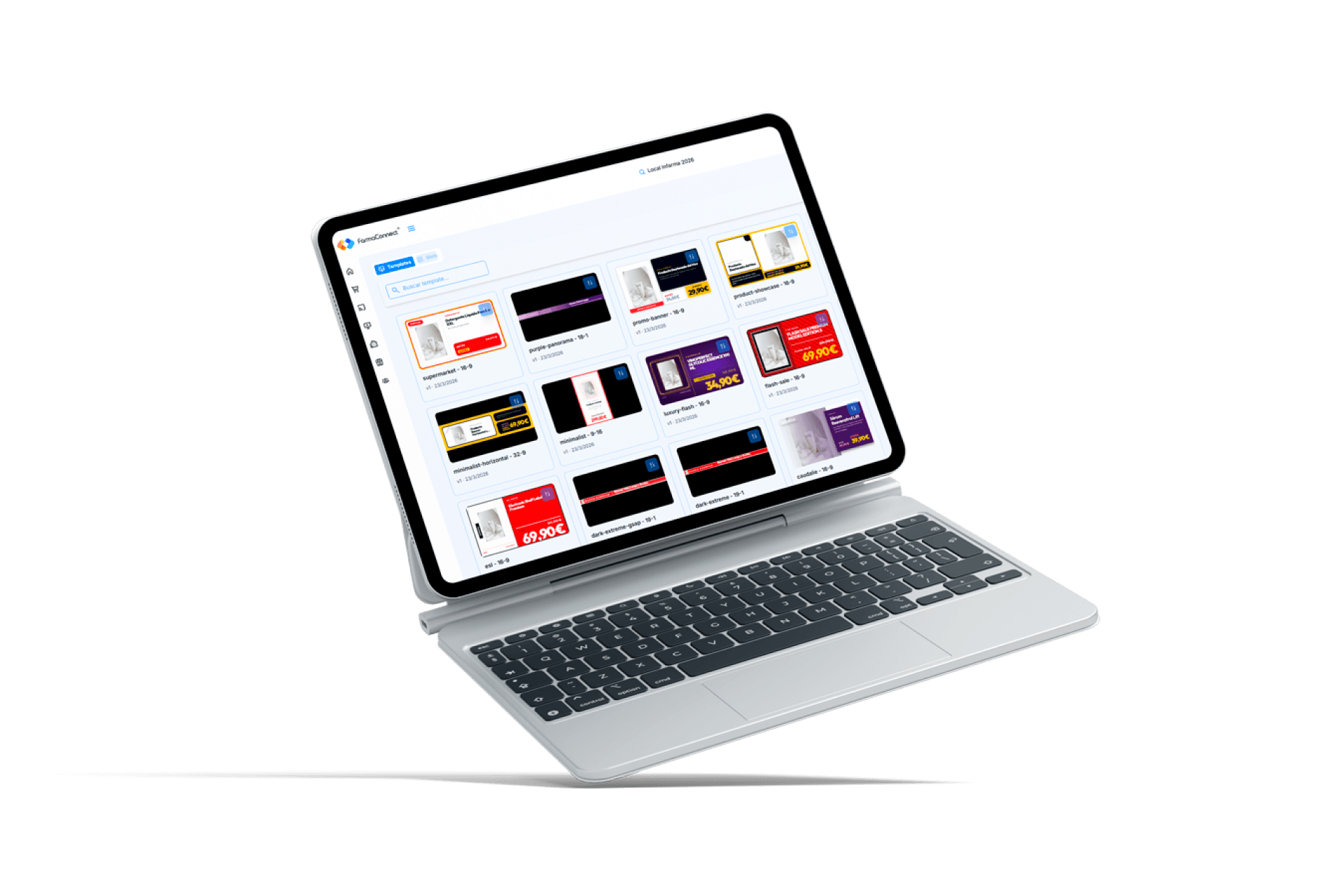 Mockup de iPad con teclado mostrando el panel de plantillas de cartelería digital de keonexOS, con galería de creatividades (supermarket, promo-banner, flash-sale, dark-extreme y más)