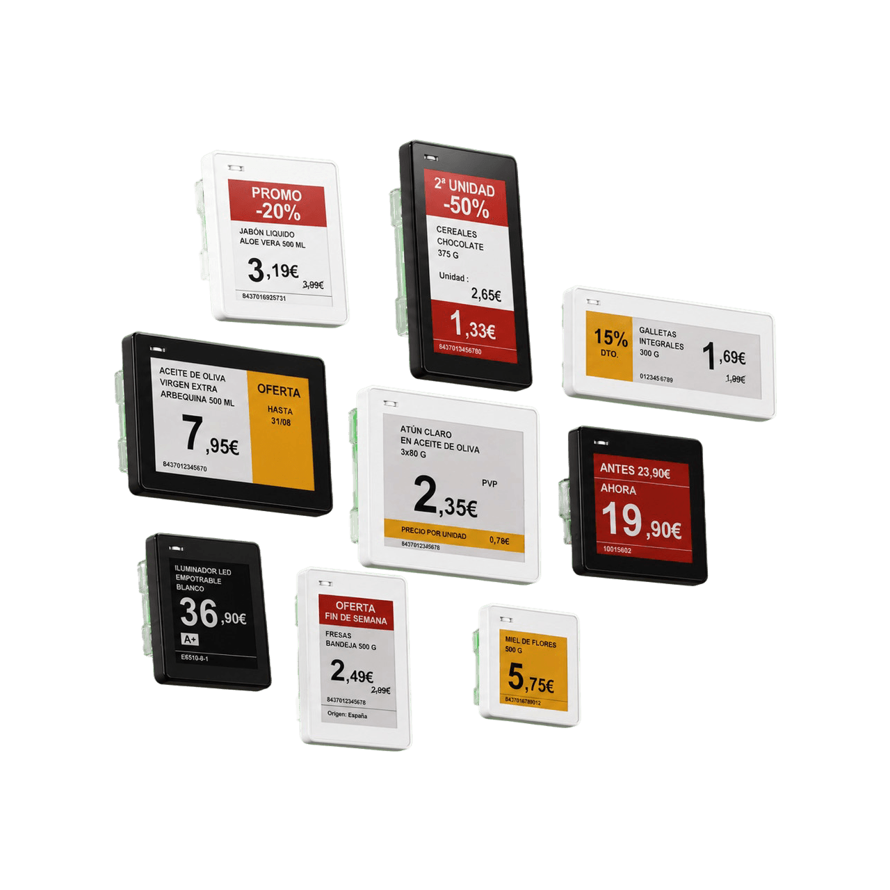 Grupo de etiquetas electrónicas Keonex de la Serie K con diferentes tamaños, carcasas blancas y negras, mostrando precios, promociones y descuentos en e-paper de cuatro tintas