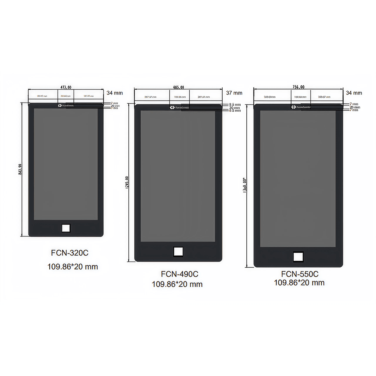 Diagrama técnico de tres modelos de pantalla eTouch (FCN-320C, FCN-490C, FCN-550C) con sus medidas en milímetros