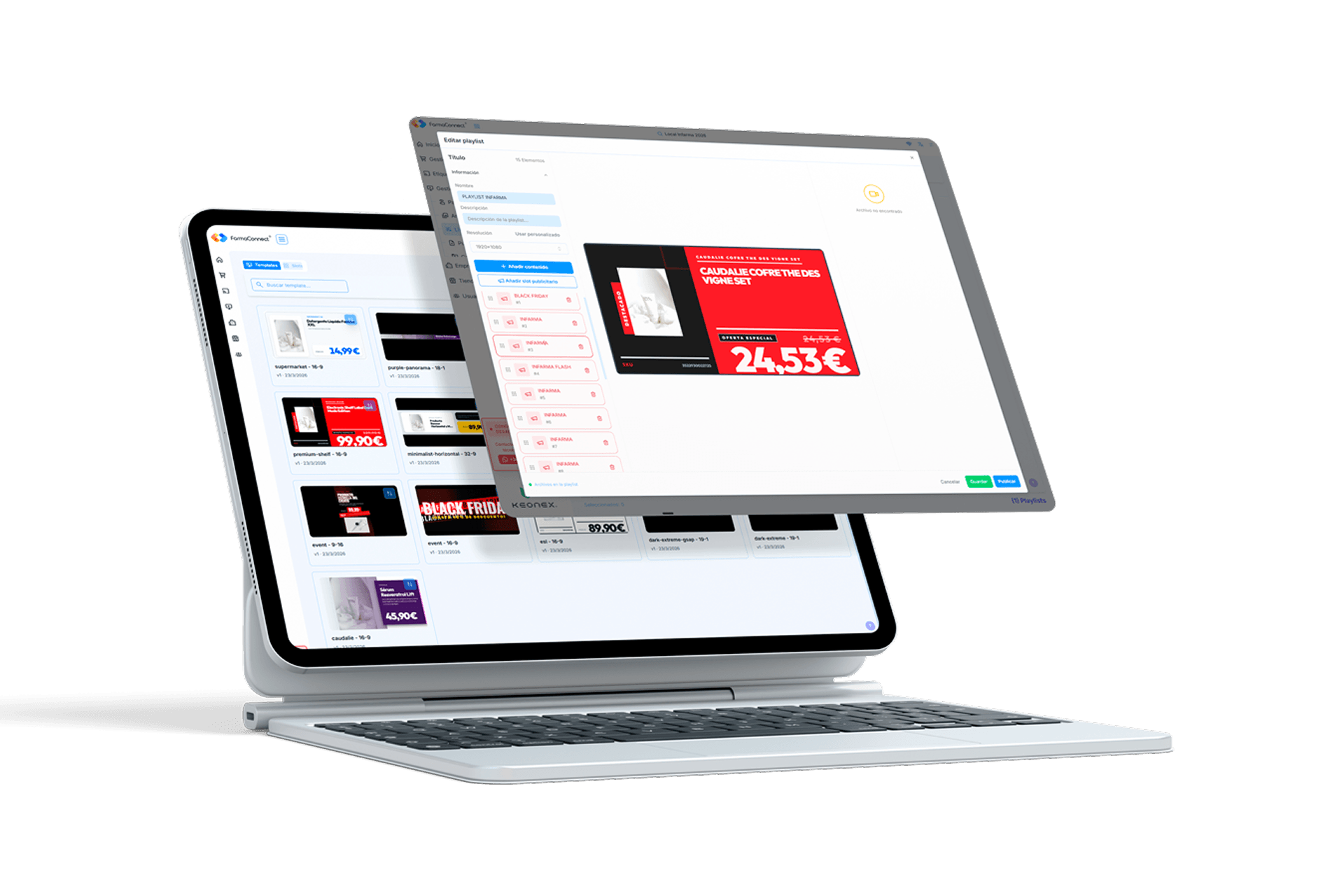 Portátil y tableta mostrando el editor de playlists de cartelería digital de keonexOS, con galería de plantillas y previsualización de una creatividad de oferta especial