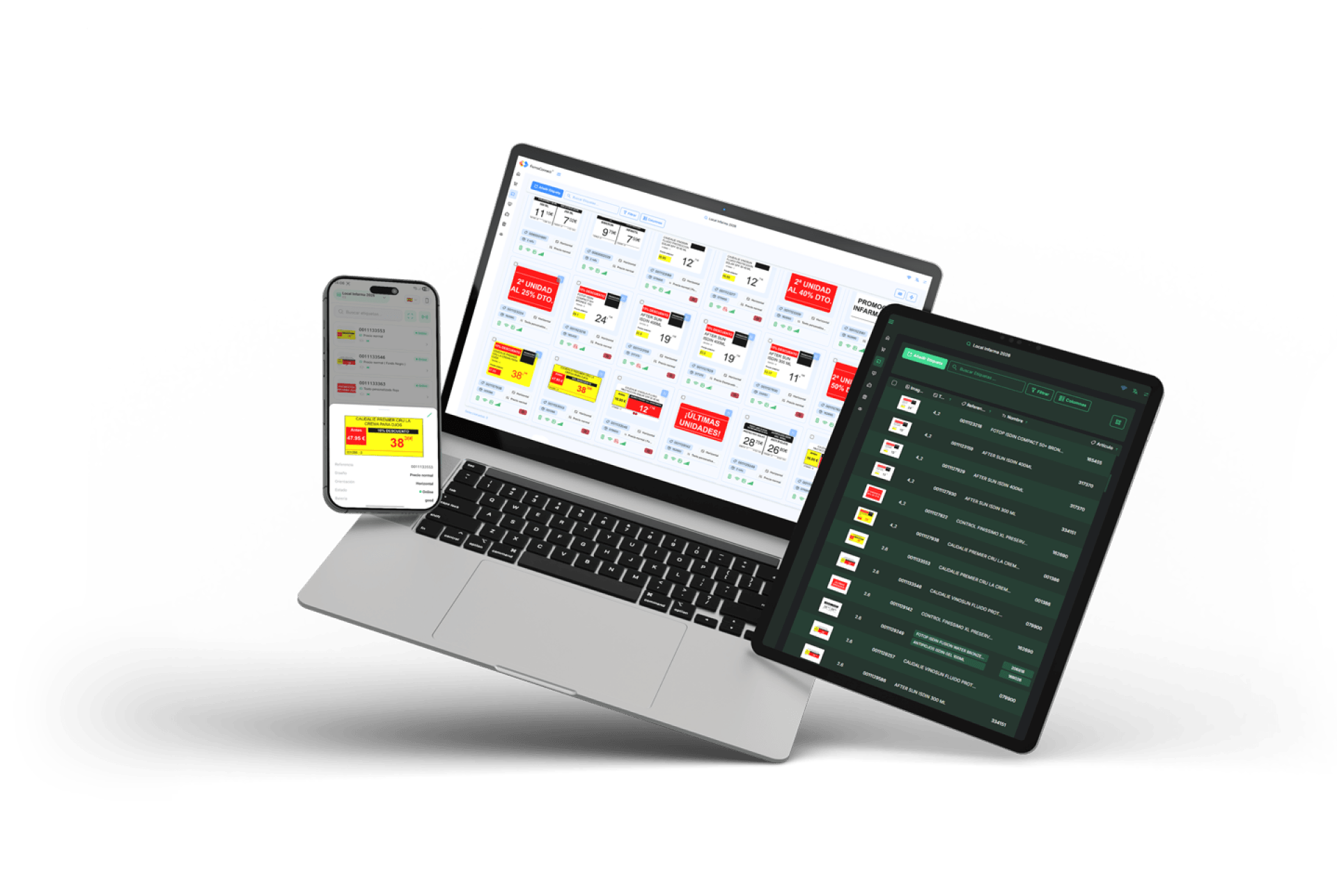 Mockup multidispositivo de keonexOS: panel de gestión de etiquetas en portátil, vista de inventario en tableta y detalle de etiqueta en móvil