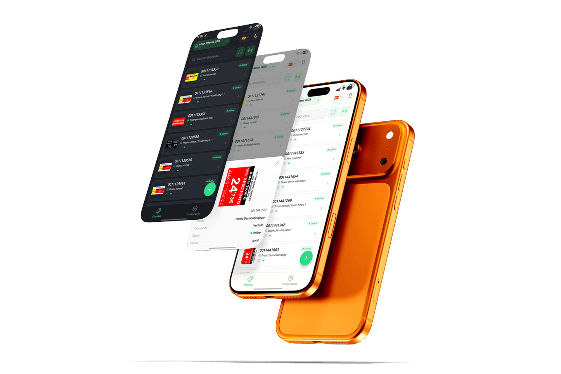 Tres iPhones mostrando la app móvil de keonexOS: listado de etiquetas con estado online, detalle de etiqueta con precio destacado y vista oscura del catálogo